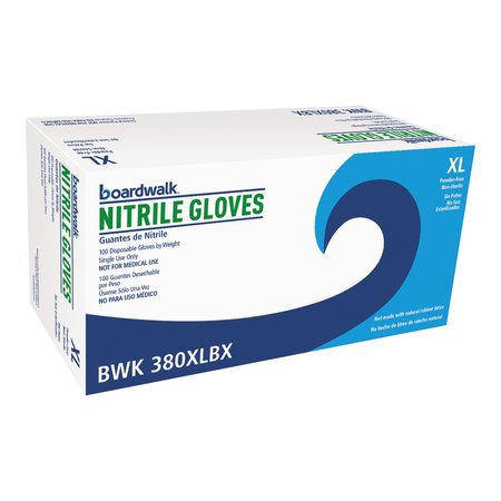 BOARDWALK 380 Series, Nitrile Disposable Gloves, 4 mil Palm, Nitrile, Powder-Free, XL, 100 PK, Blue 380XLBXA